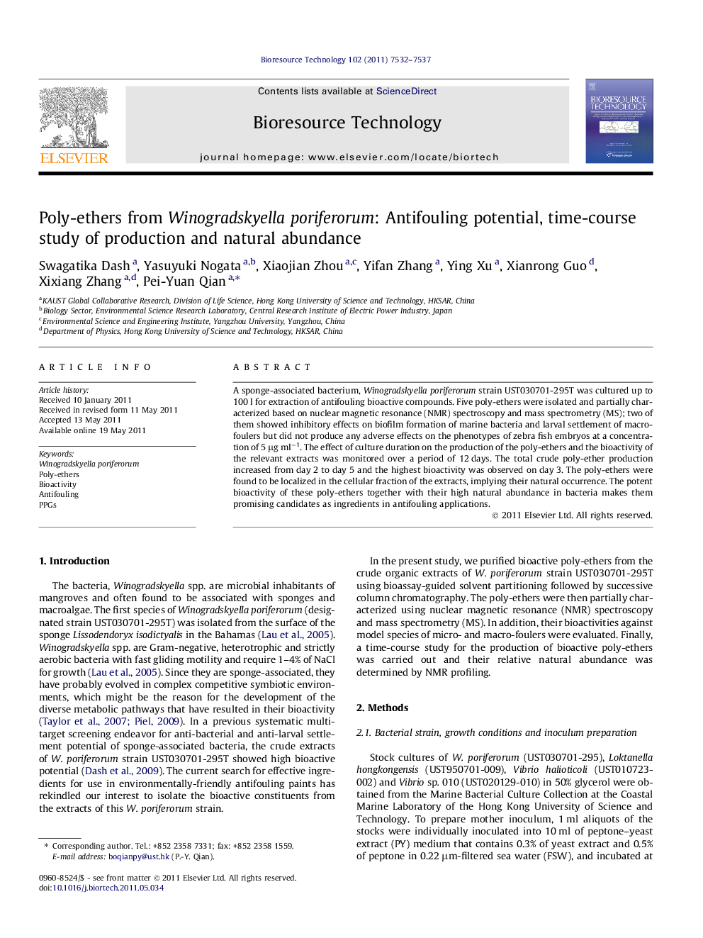 Poly-ethers from Winogradskyella poriferorum: Antifouling potential, time-course study of production and natural abundance