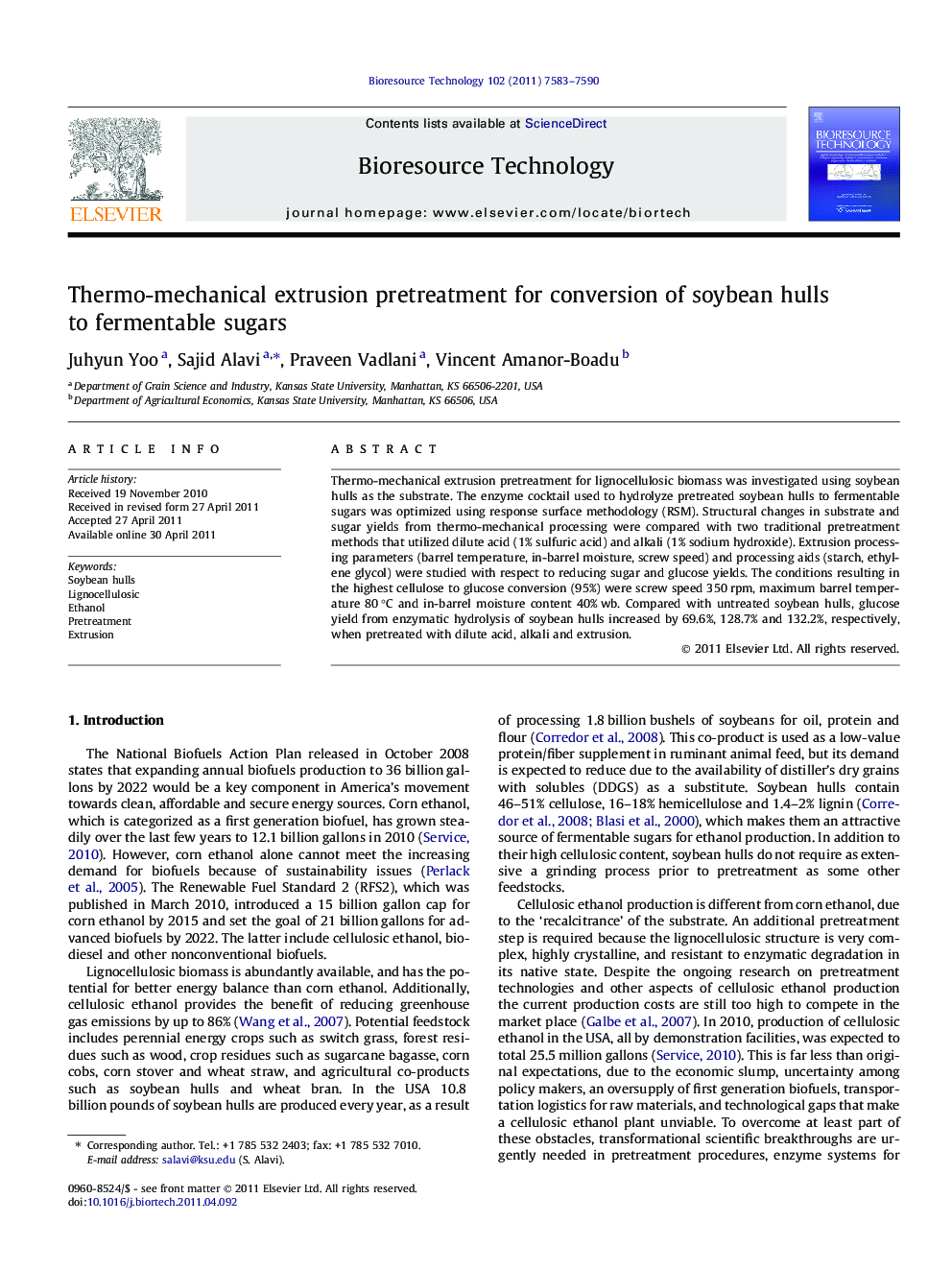 Thermo-mechanical extrusion pretreatment for conversion of soybean hulls to fermentable sugars