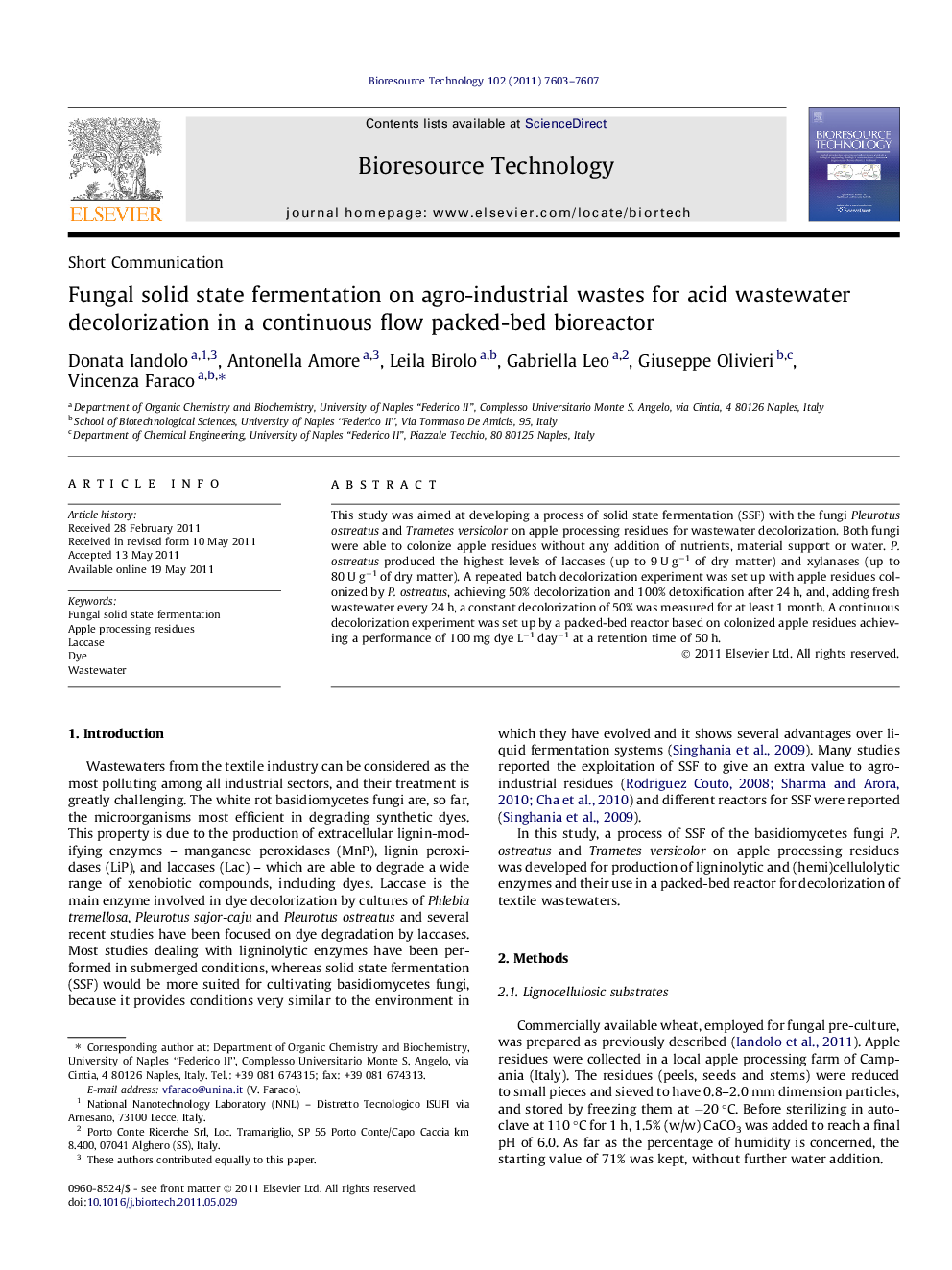 Fungal solid state fermentation on agro-industrial wastes for acid wastewater decolorization in a continuous flow packed-bed bioreactor