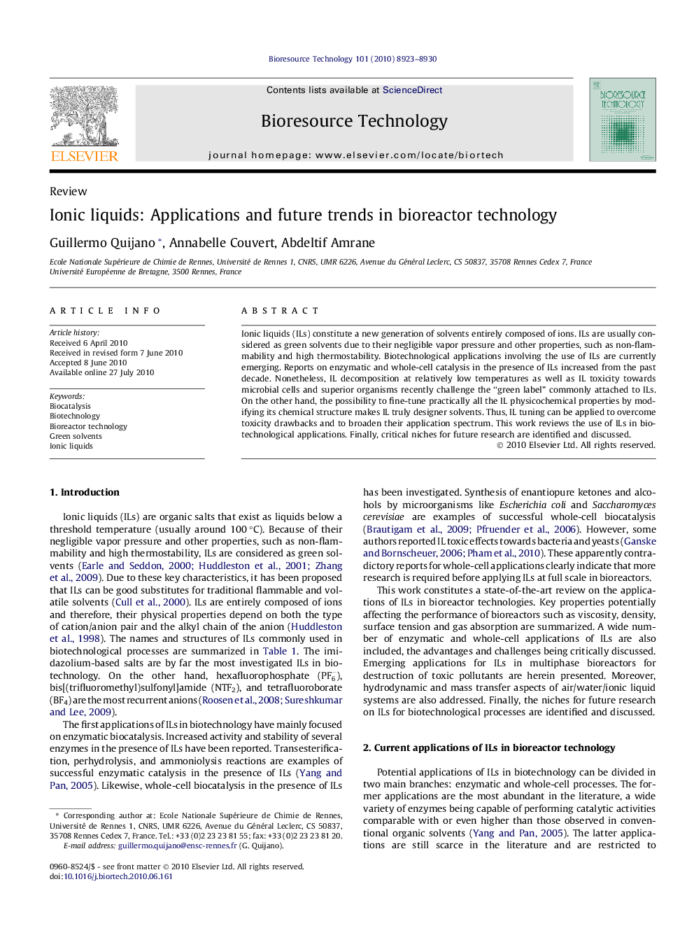 Ionic liquids: Applications and future trends in bioreactor technology