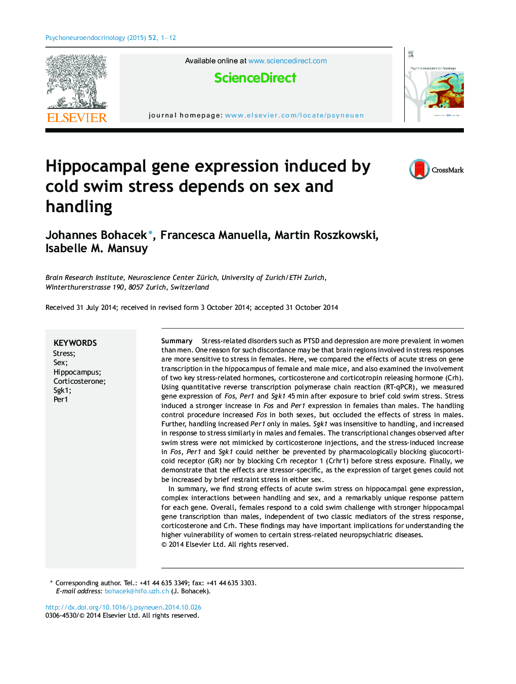 بیان ژن هیپوکامپ ناشی از استرس شنا در سرد بستگی به جنس و دست زدن دارد 