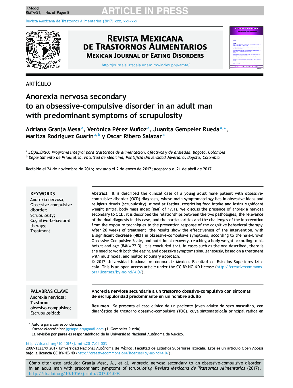 Anorexia nervosa secondary to an obsessive-compulsive disorder in an adult man with predominant symptoms of scrupulosity