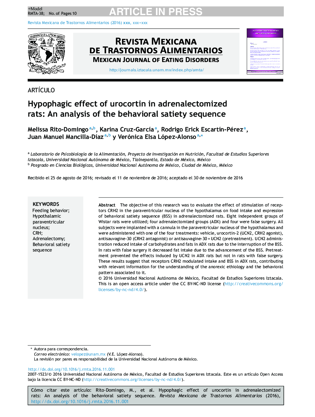 Hypophagic effect of urocortin in adrenalectomized rats: An analysis of the behavioral satiety sequence