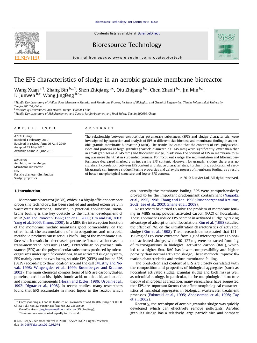 The EPS characteristics of sludge in an aerobic granule membrane bioreactor
