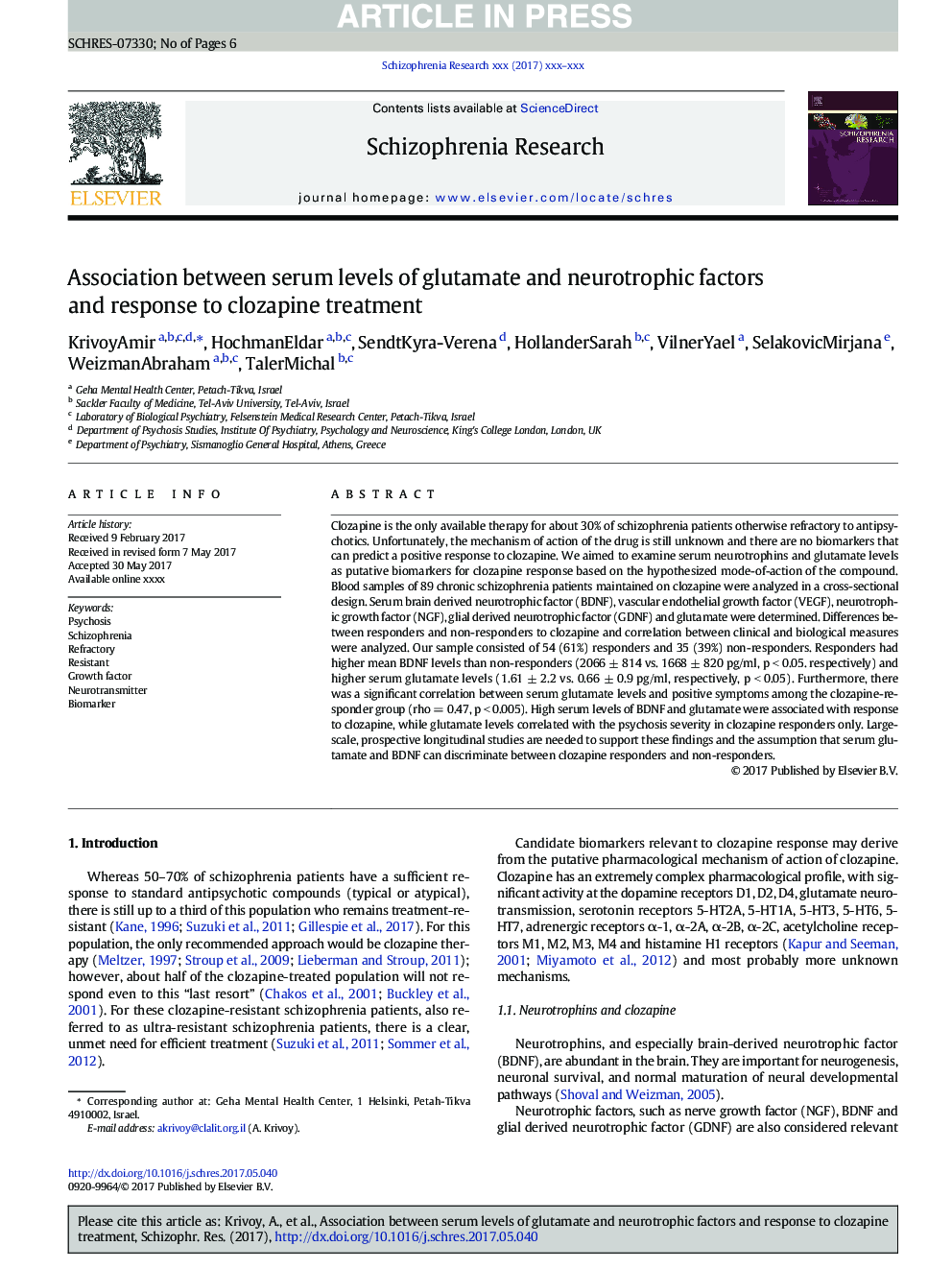 ارتباط سطح سرمی گلوتامات و عوامل نوروئیدی و پاسخ به درمان کلوزاپین 