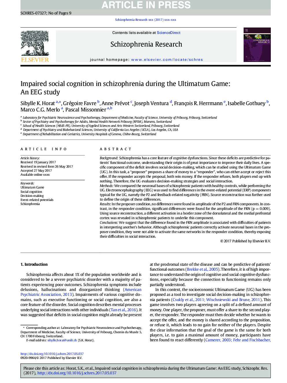 Impaired social cognition in schizophrenia during the Ultimatum Game: An EEG study