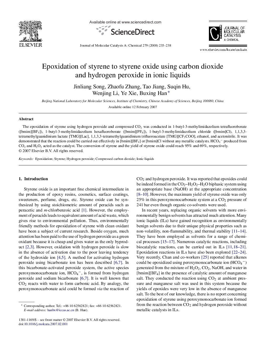 Epoxidation of styrene to styrene oxide using carbon dioxide and hydrogen peroxide in ionic liquids