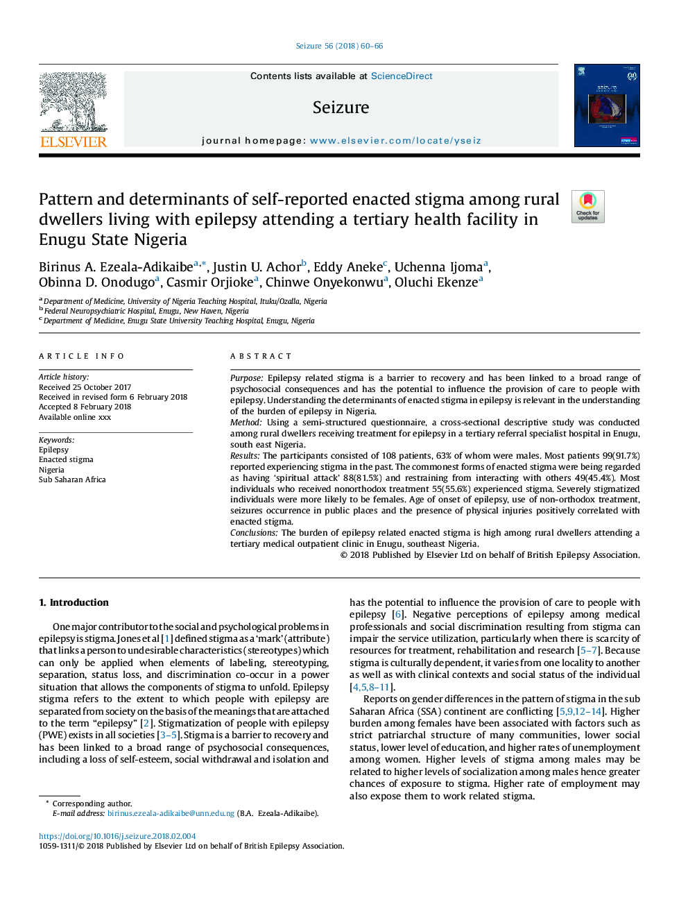 الگوی و عوامل تعیین کننده خودمحیط زدایی در میان ساکنین روستایی که مبتلا به صرع هستند و در یک مرکز بهداشتی عالی در ایالت انوگو نیجریه شرکت می کنند 