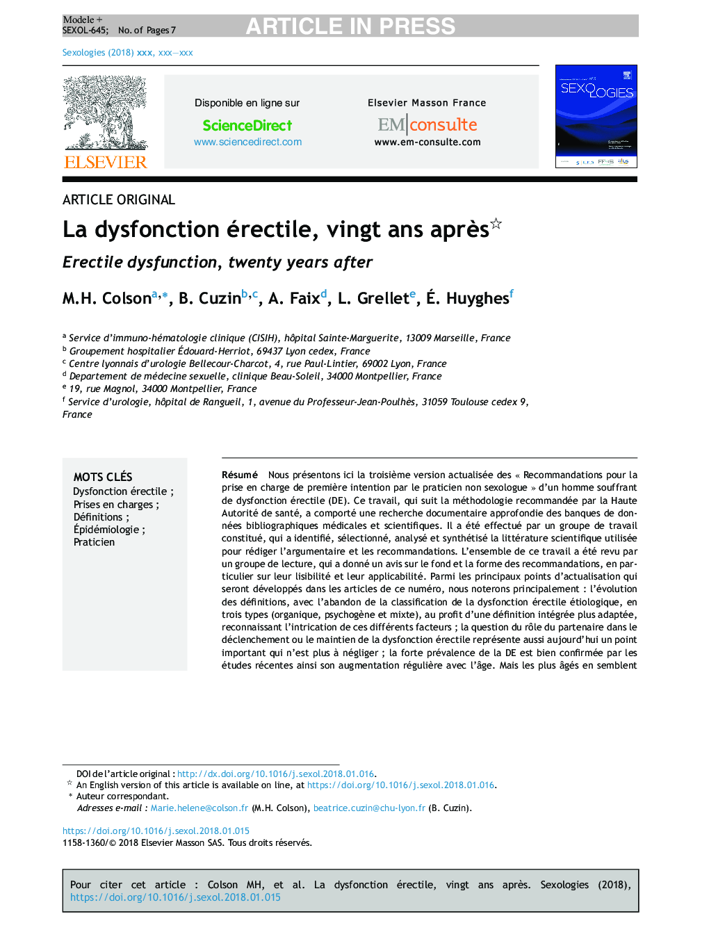 La dysfonction érectile, vingt ans aprÃ¨s