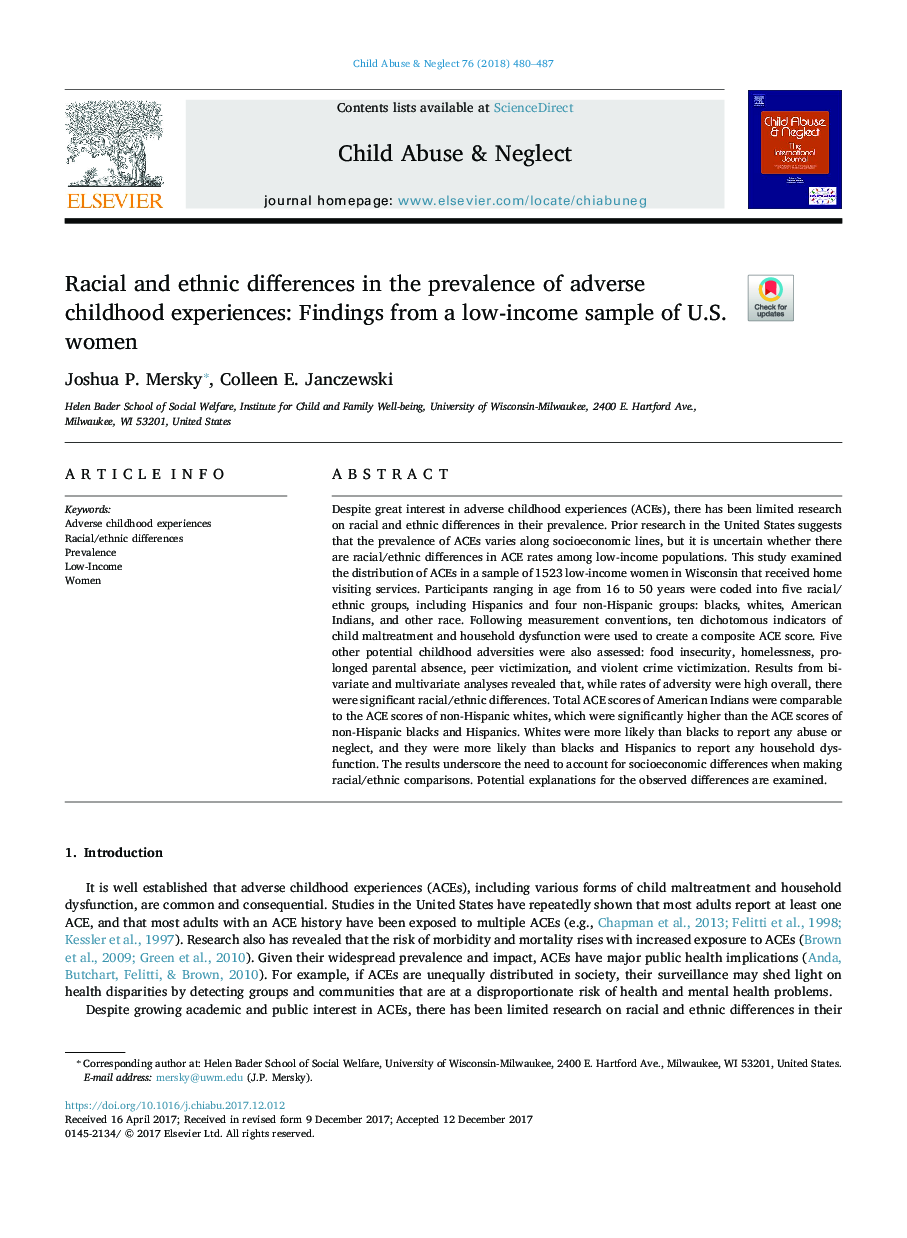 Racial and ethnic differences in the prevalence of adverse childhood experiences: Findings from a low-income sample of U.S. women
