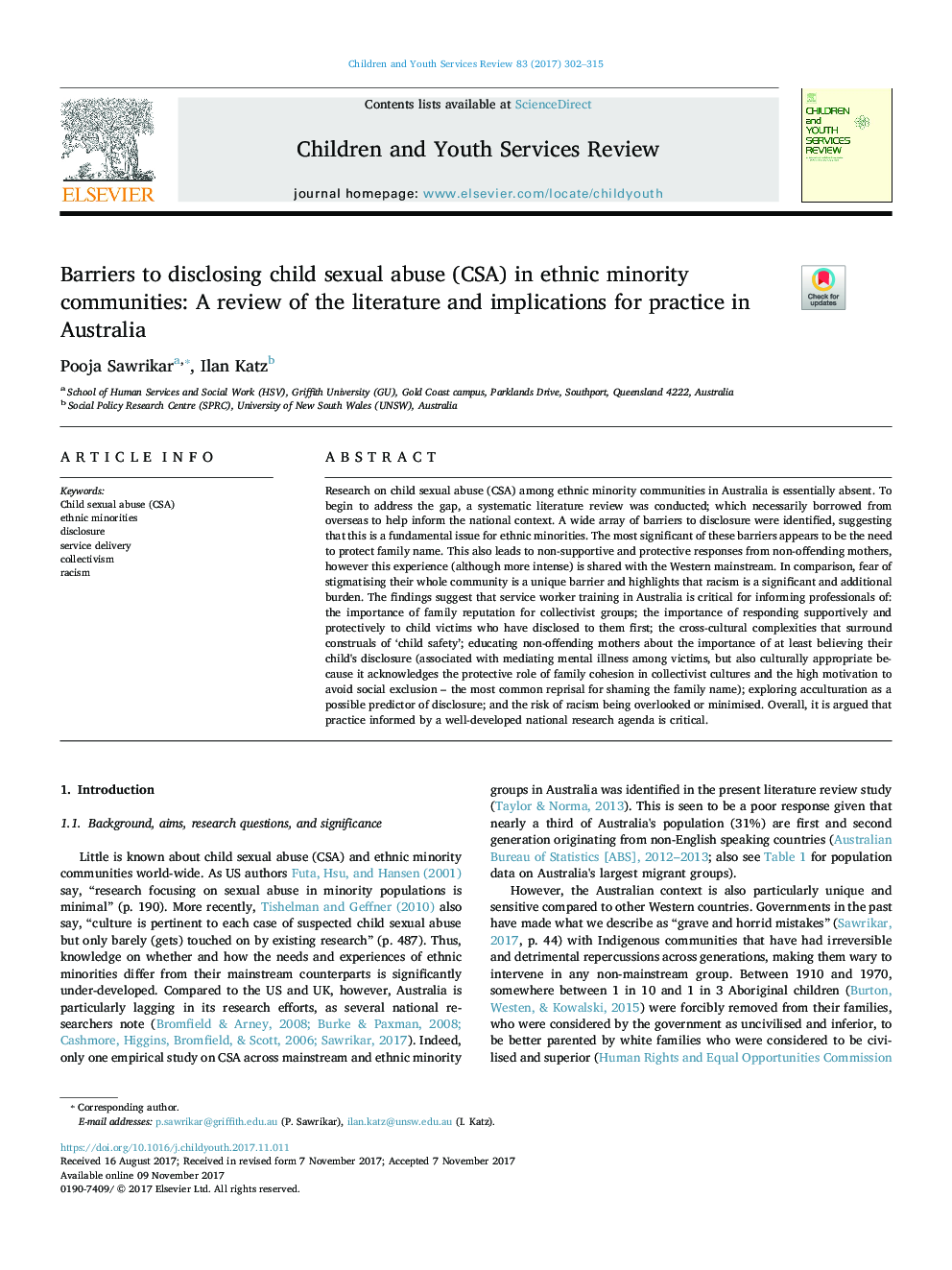 Barriers to disclosing child sexual abuse (CSA) in ethnic minority communities: A review of the literature and implications for practice in Australia