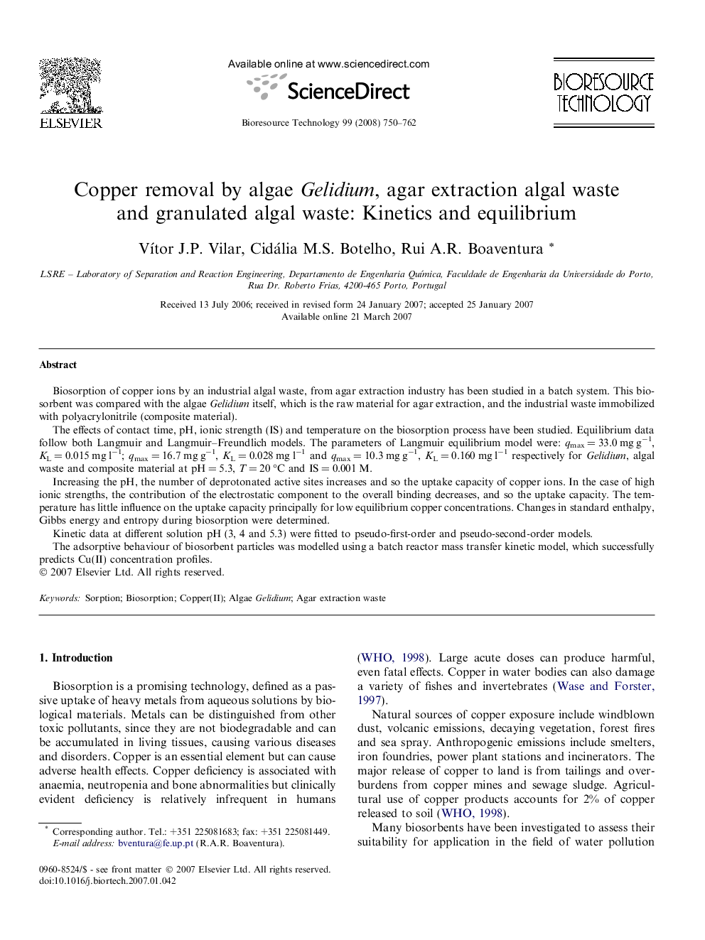 Copper removal by algae Gelidium, agar extraction algal waste and granulated algal waste: Kinetics and equilibrium