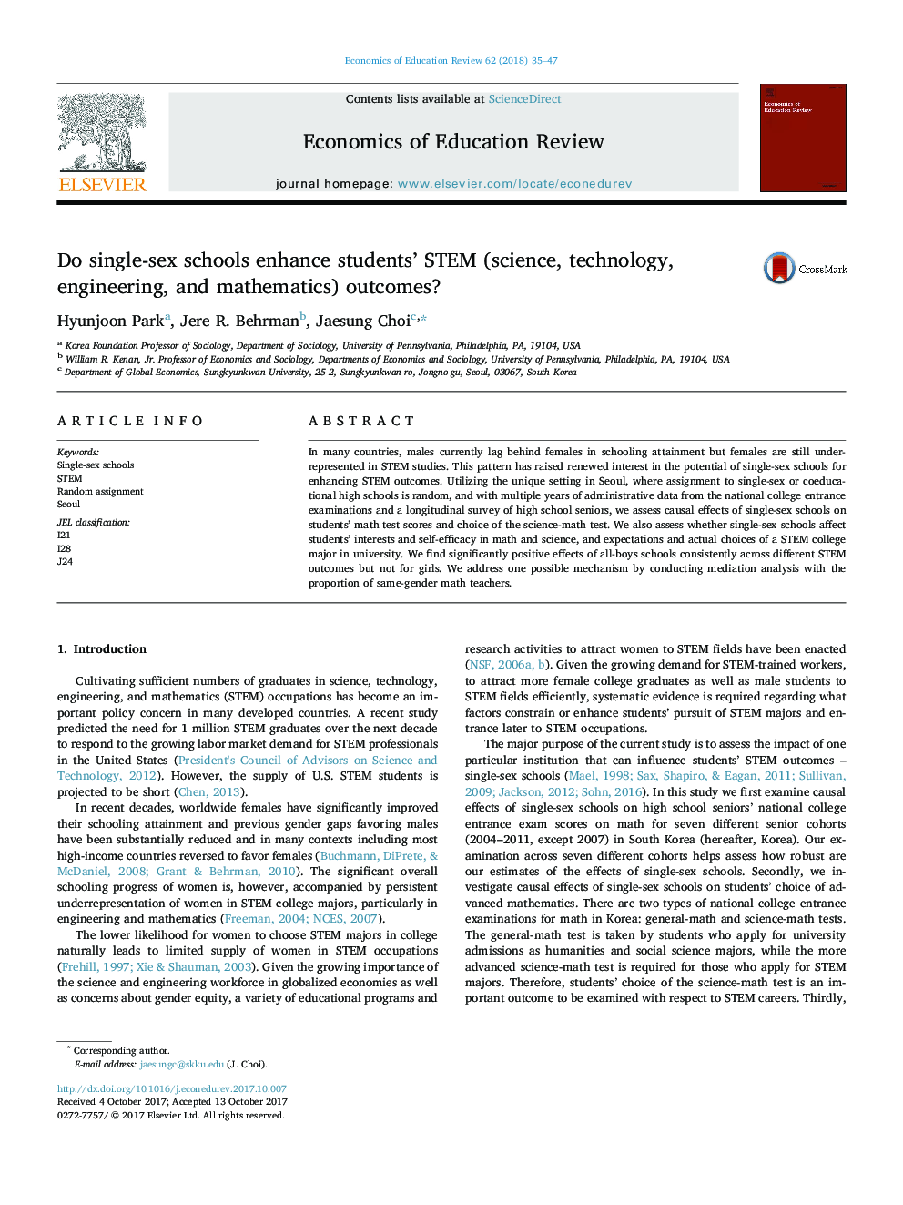 Do single-sex schools enhance students' STEM (science, technology, engineering, and mathematics) outcomes?