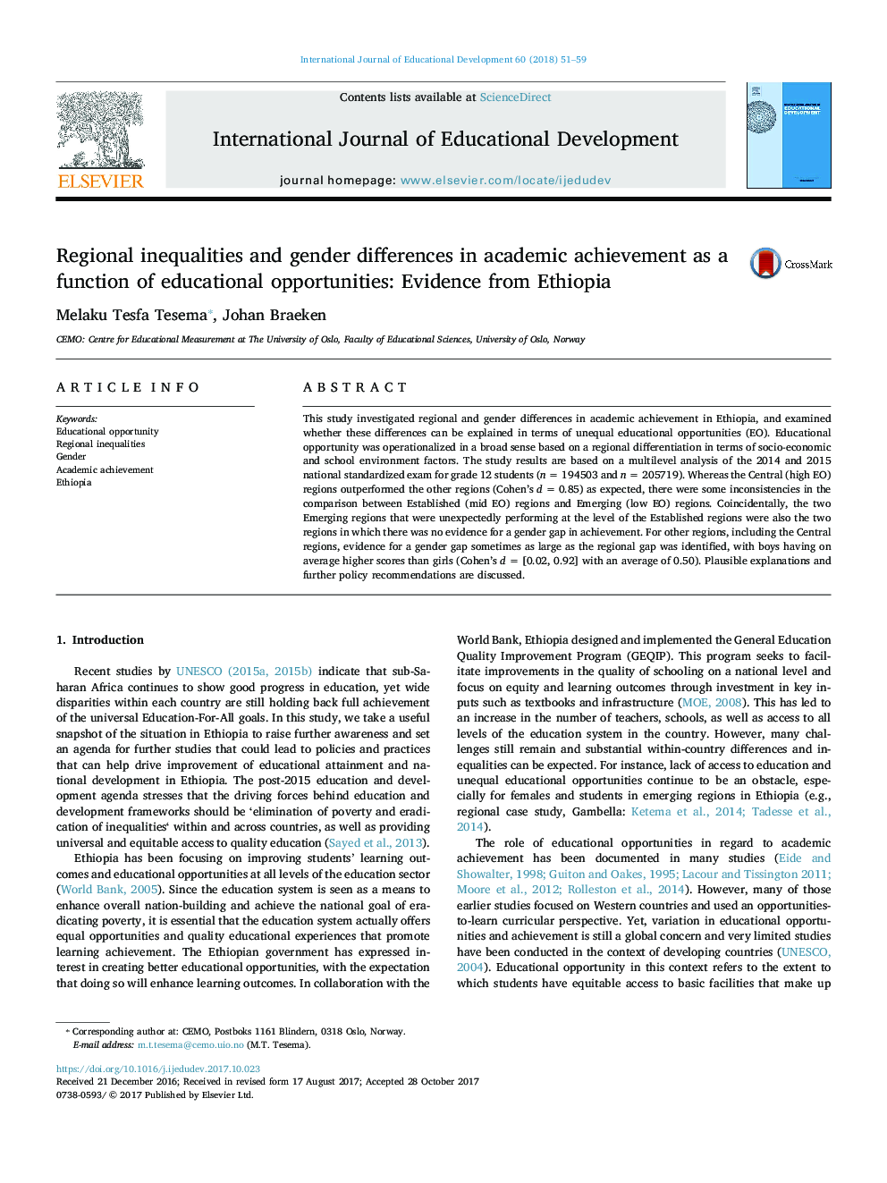 نابرابری های منطقه ای و تفاوت های جنسیتی در پیشرفت تحصیلی به عنوان یک عامل از فرصت های آموزشی: شواهد از اتیوپی 