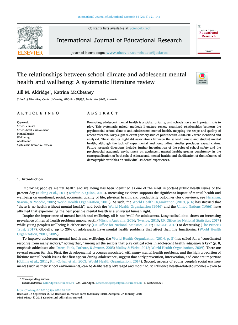 روابط بین جوامع مدرسه و بهداشت روان و سلامت نوجوانان: یک بررسی ادبی سیستماتیک 