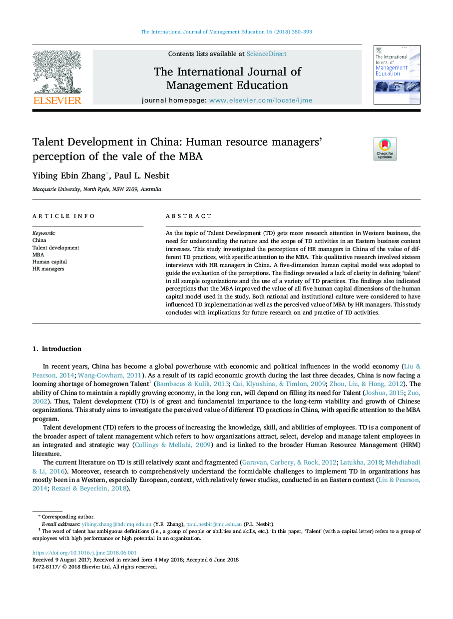 Talent Development in China: Human resource managers' perception of the Value of the MBA
