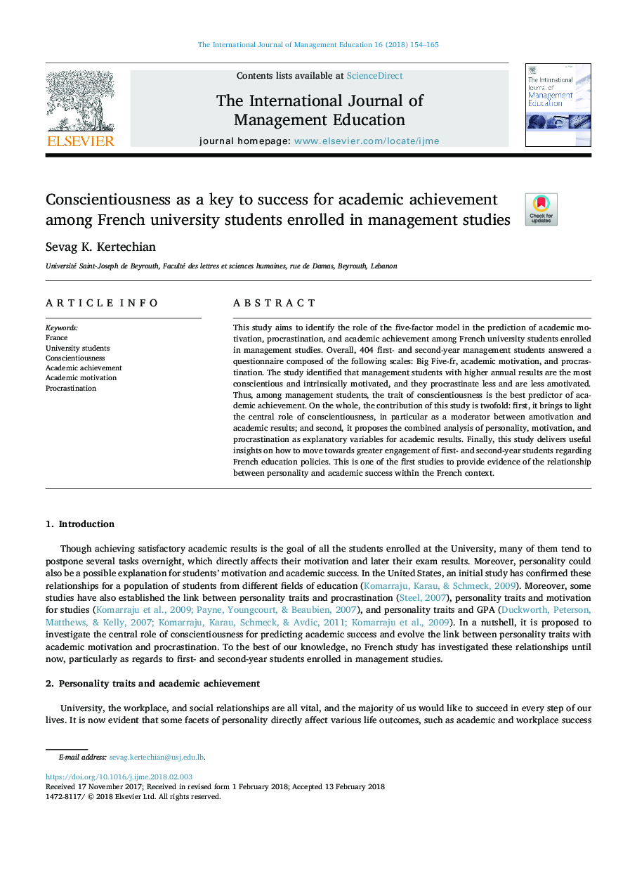 وفاداری به عنوان کلید موفقیت برای موفقیت تحصیلی در میان دانشجویان دانشگاهی فرانسه که در مطالعات مدیریت ثبت شده اند 