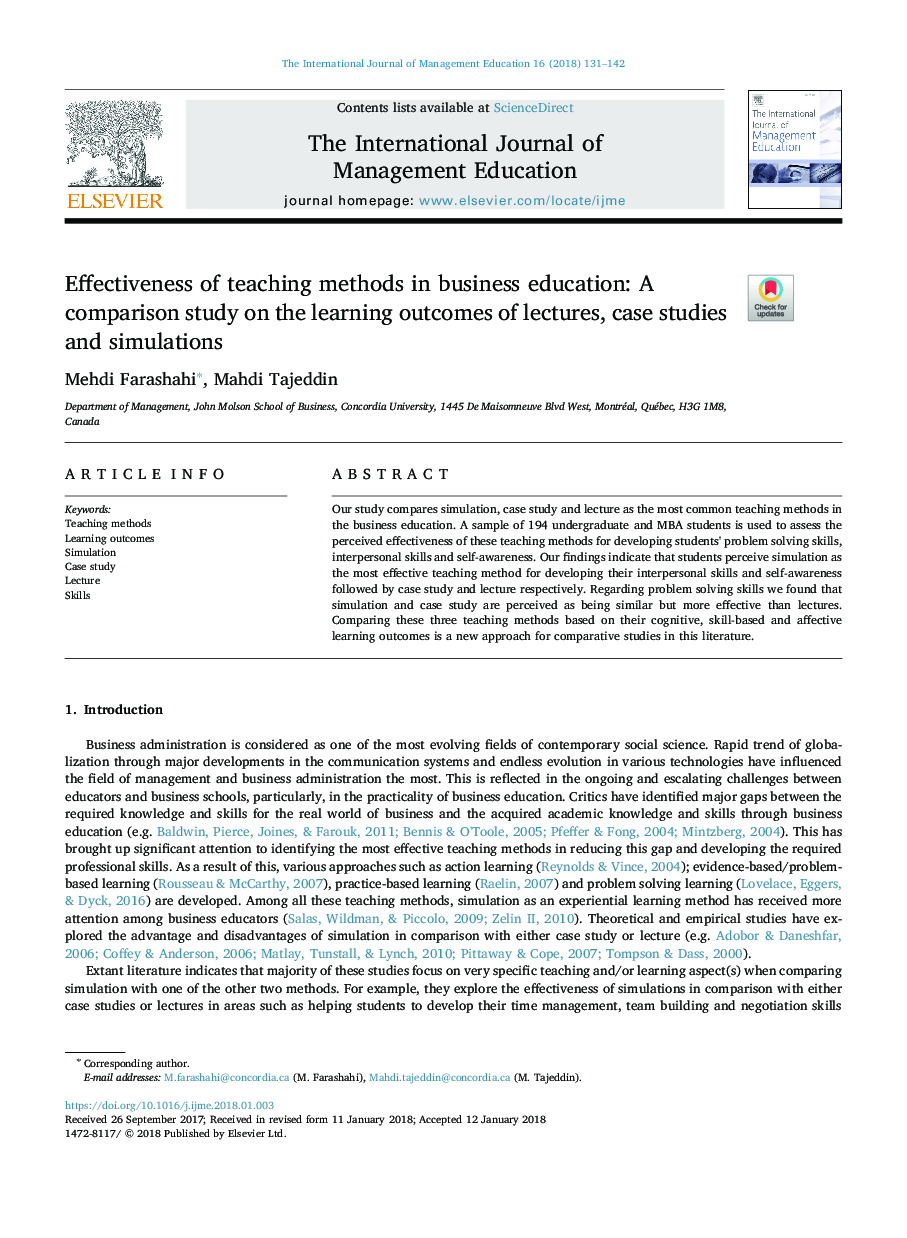 اثربخشی روش های تدریس در آموزش و پرورش کسب و کار: مطالعه مقایسهای بر نتایج یادگیری سخنرانی ها، مطالعات موردی و شبیه سازی 