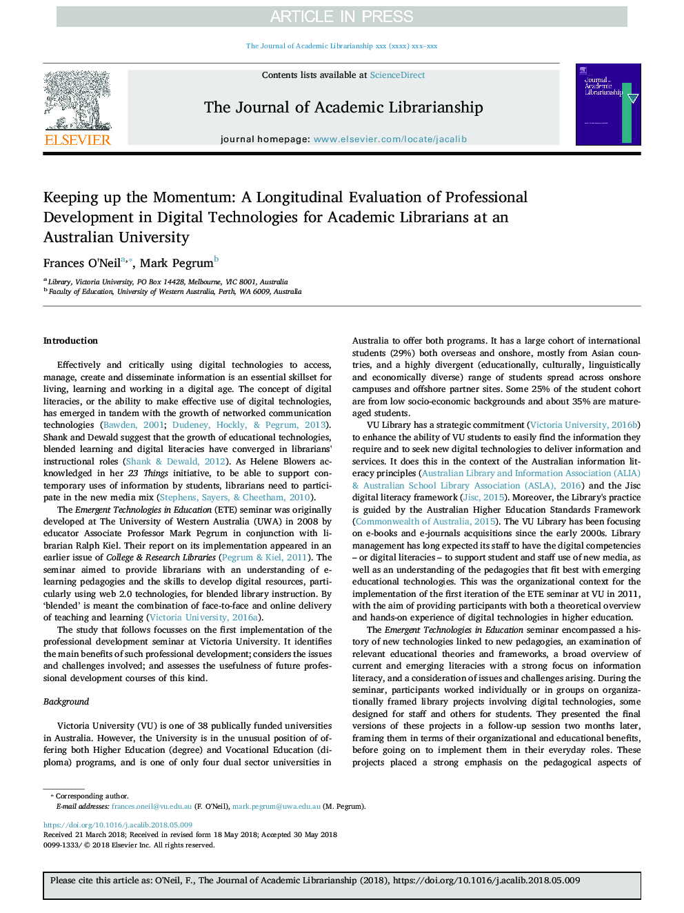 نگهداری امواج: ارزیابی طولی توسعه حرفه ای در فن آوری های دیجیتال برای کتابداران دانشگاهی در یک دانشگاه استرالیا 