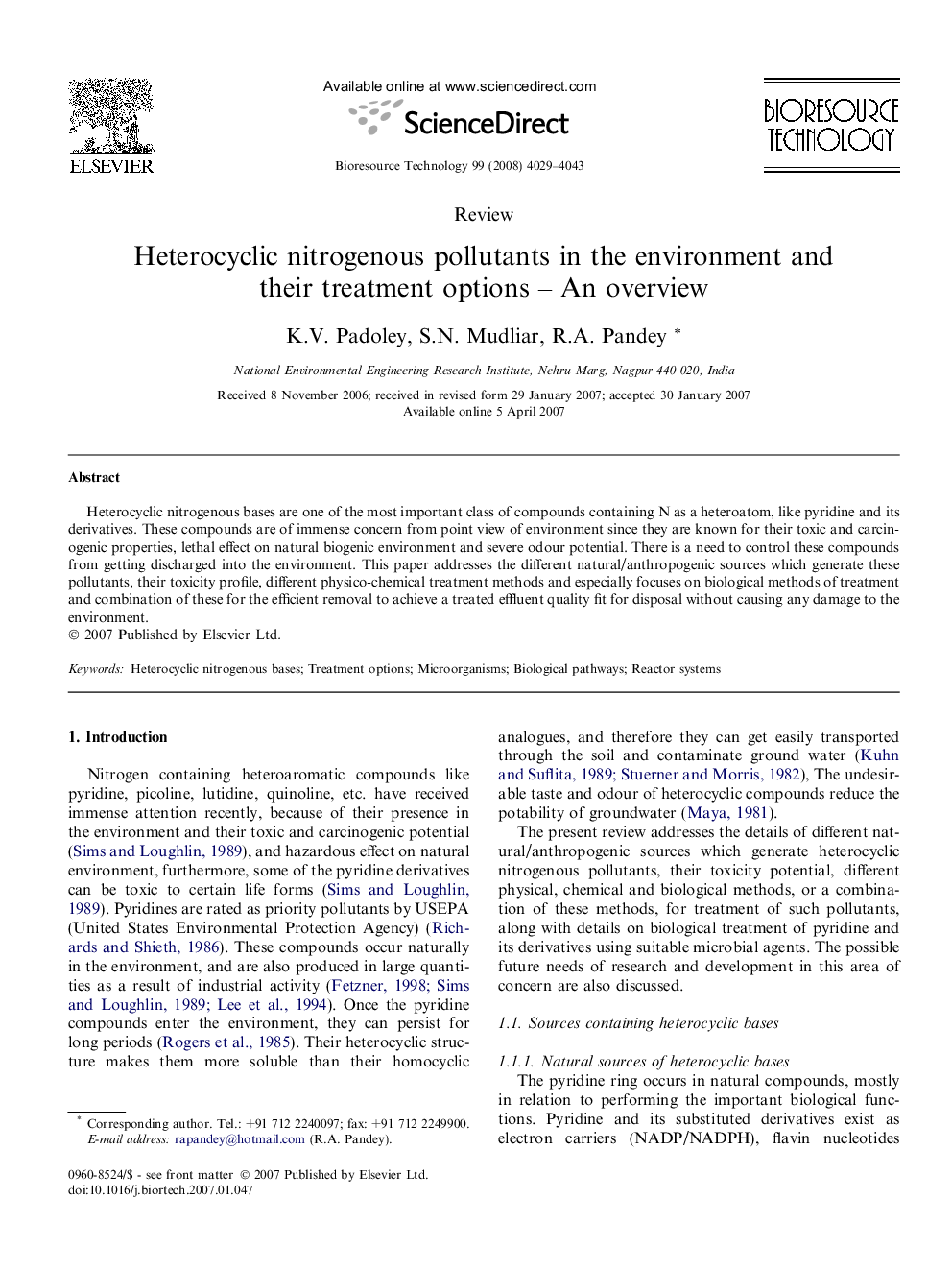 Heterocyclic nitrogenous pollutants in the environment and their treatment options – An overview