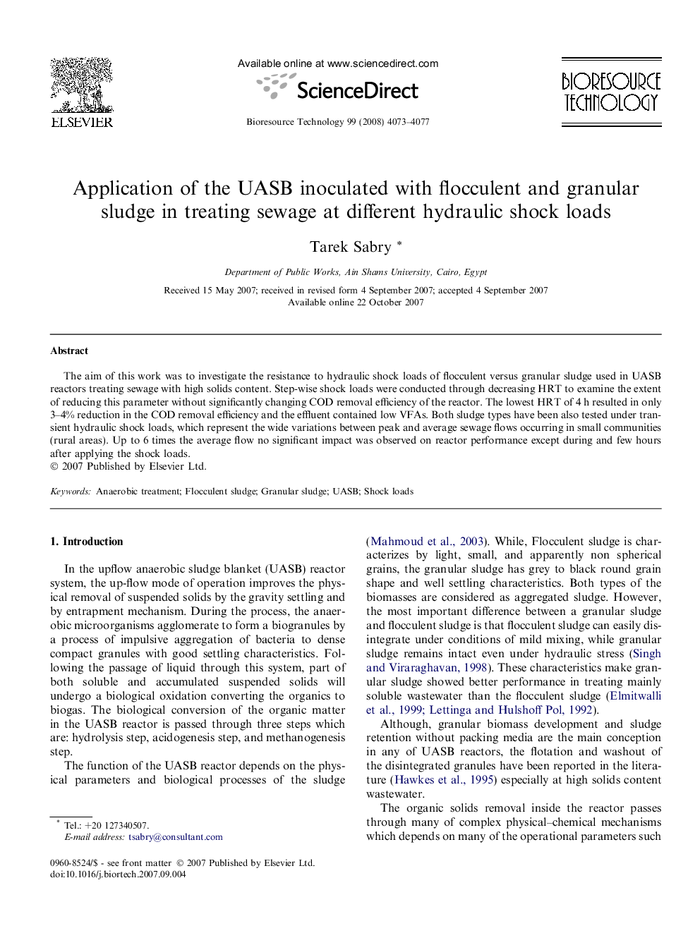 Application of the UASB inoculated with flocculent and granular sludge in treating sewage at different hydraulic shock loads