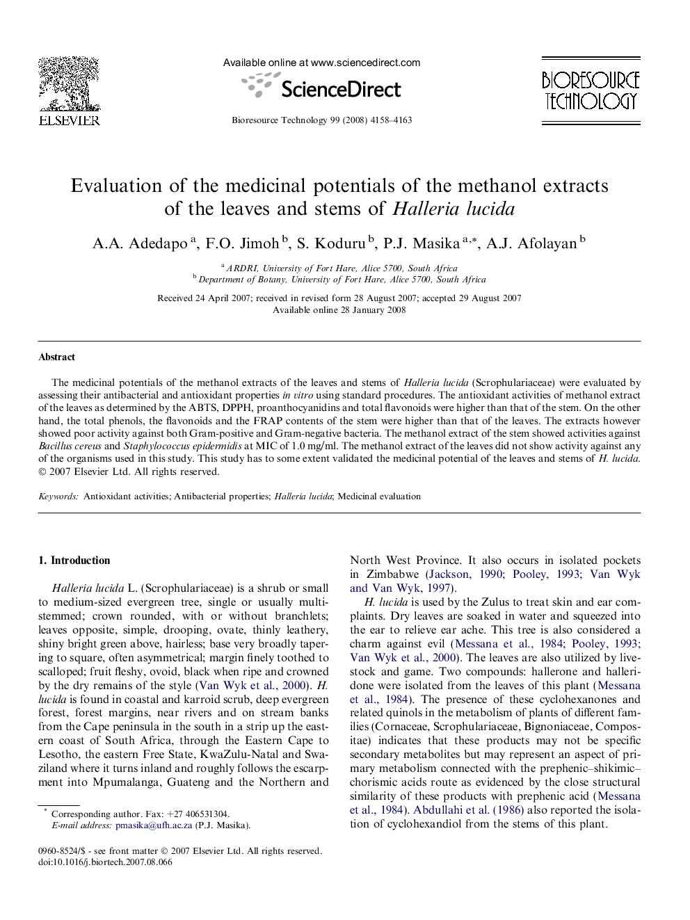 Evaluation of the medicinal potentials of the methanol extracts of the leaves and stems of Halleria lucida