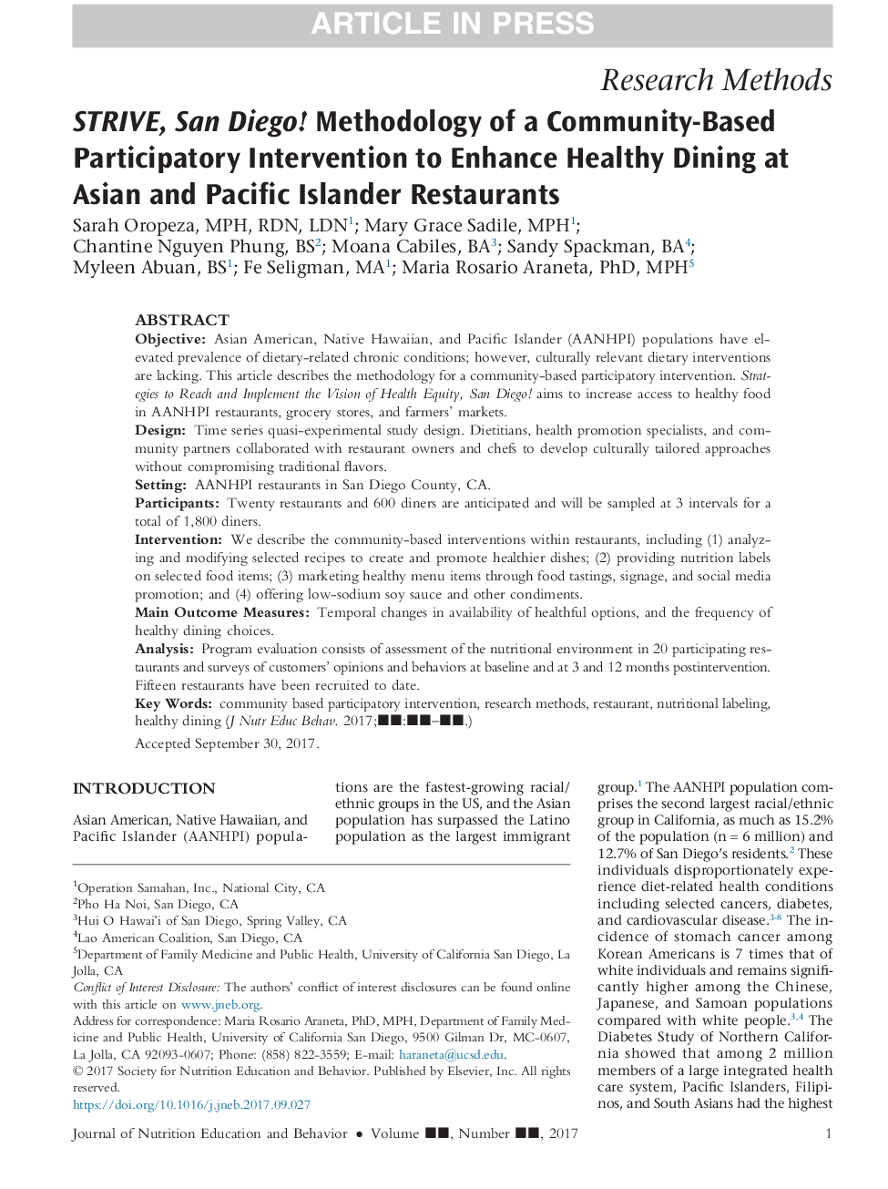 STRIVE, San Diego! Methodology of a Community-Based Participatory Intervention to Enhance Healthy Dining at Asian and Pacific Islander Restaurants