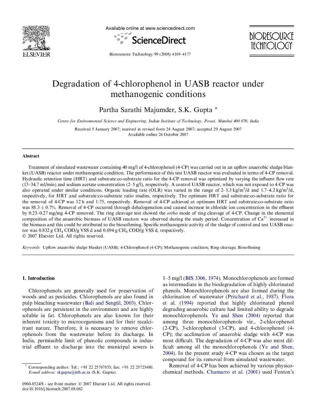 Degradation of 4-chlorophenol in UASB reactor under methanogenic conditions