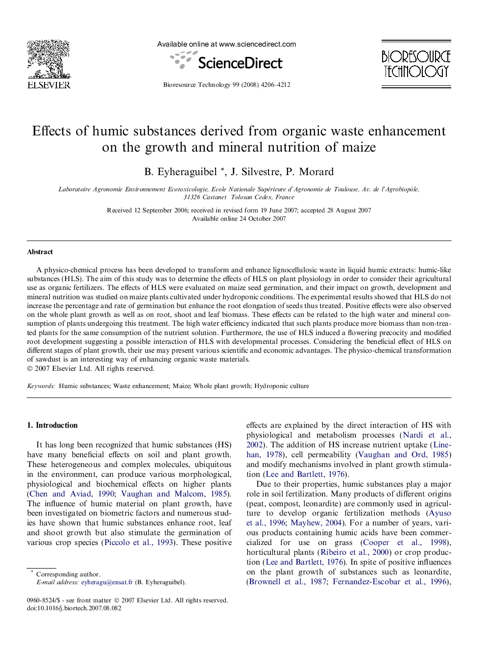 Effects of humic substances derived from organic waste enhancement on the growth and mineral nutrition of maize