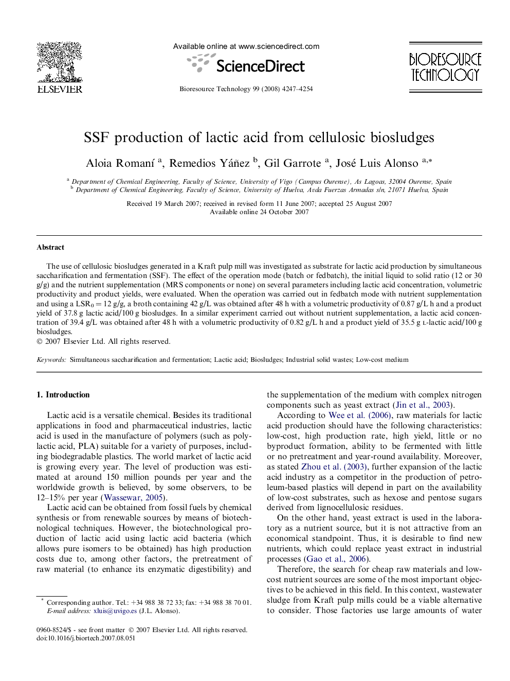 SSF production of lactic acid from cellulosic biosludges