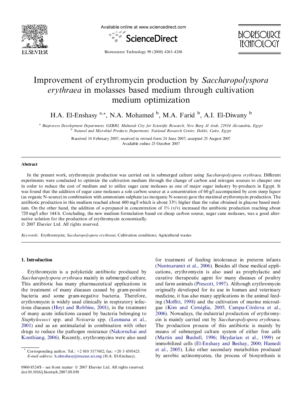 Improvement of erythromycin production by Saccharopolyspora erythraea in molasses based medium through cultivation medium optimization