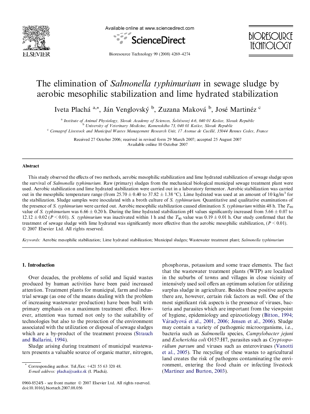 The elimination of Salmonella typhimurium in sewage sludge by aerobic mesophilic stabilization and lime hydrated stabilization