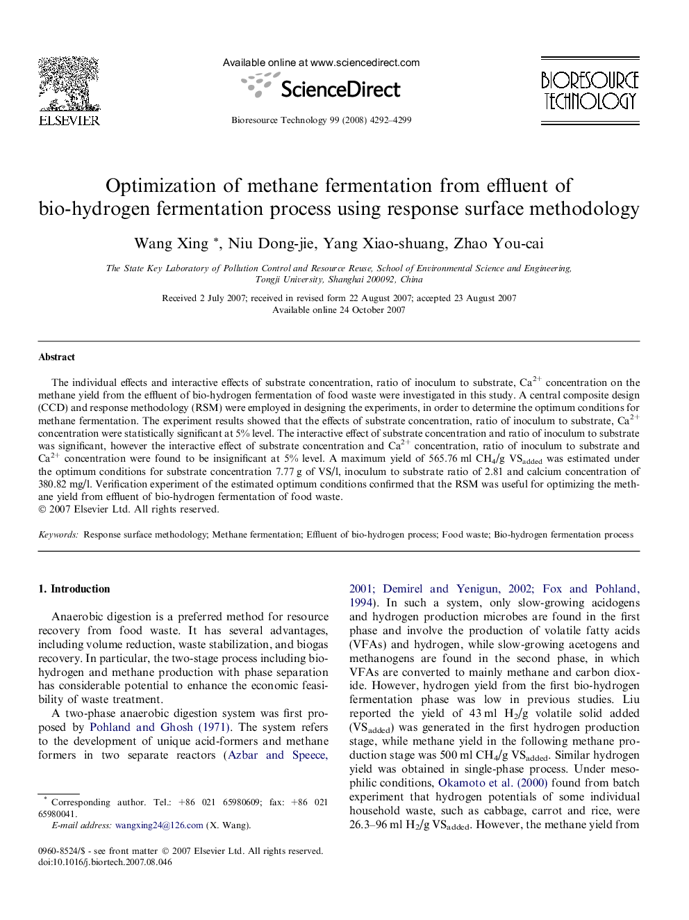 Optimization of methane fermentation from effluent of bio-hydrogen fermentation process using response surface methodology