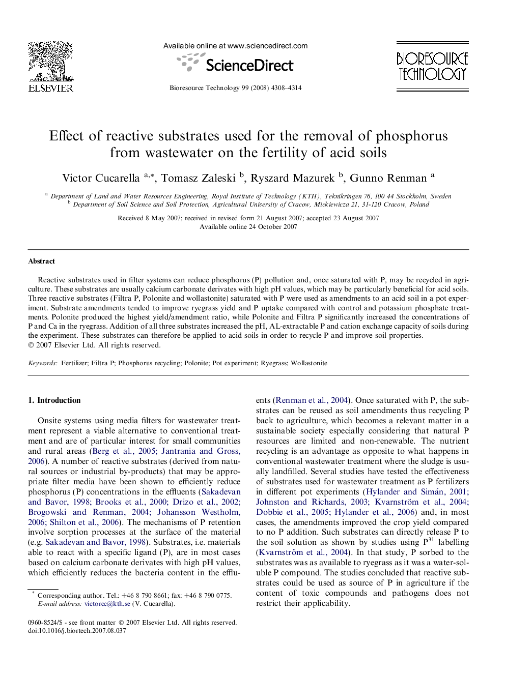 Effect of reactive substrates used for the removal of phosphorus from wastewater on the fertility of acid soils