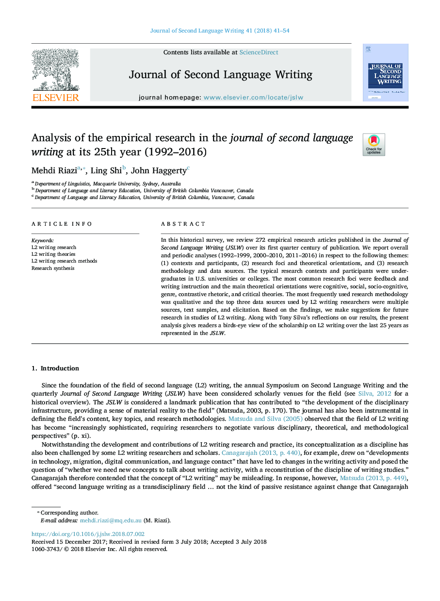 Analysis of the empirical research in the journal of second language writing at its 25th year (1992-2016)