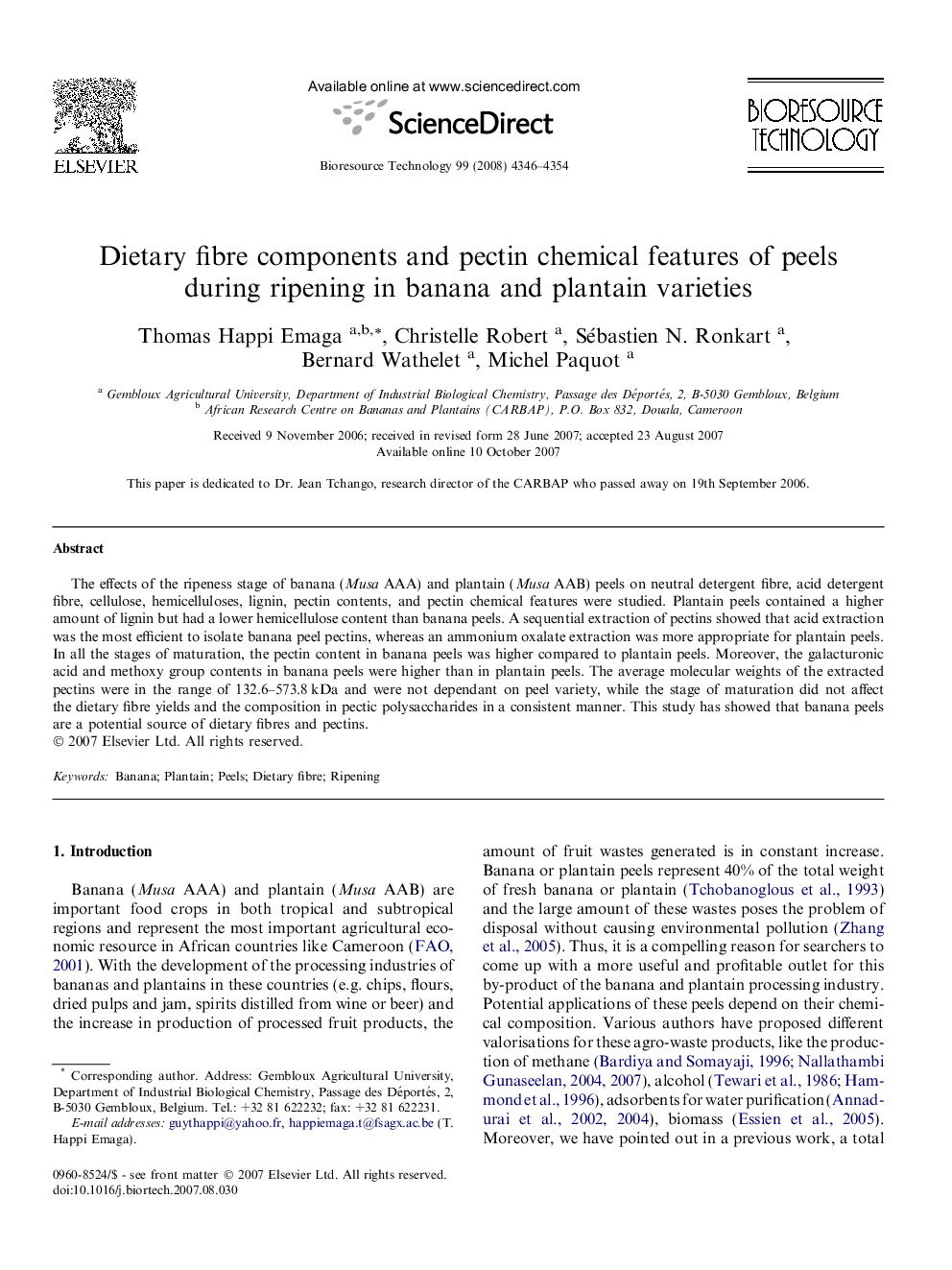 Dietary fibre components and pectin chemical features of peels during ripening in banana and plantain varieties