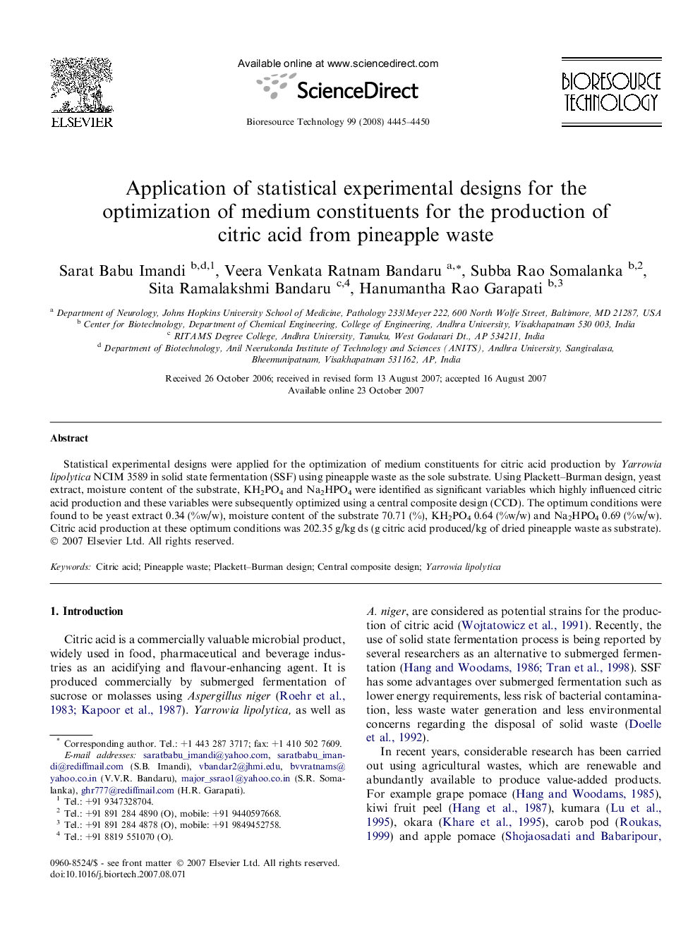 Application of statistical experimental designs for the optimization of medium constituents for the production of citric acid from pineapple waste