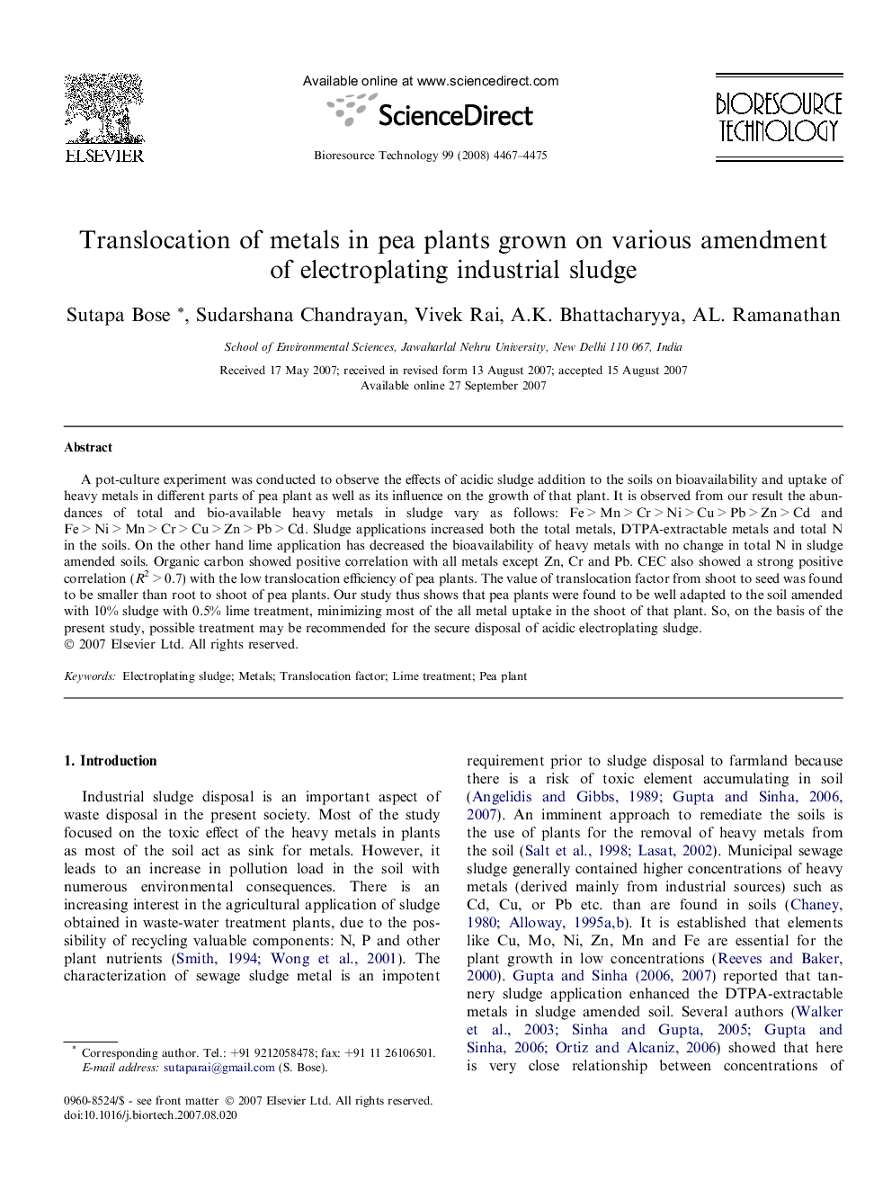 Translocation of metals in pea plants grown on various amendment of electroplating industrial sludge