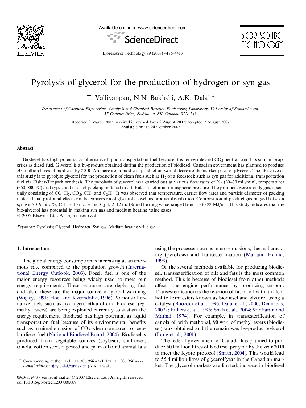 Pyrolysis of glycerol for the production of hydrogen or syn gas
