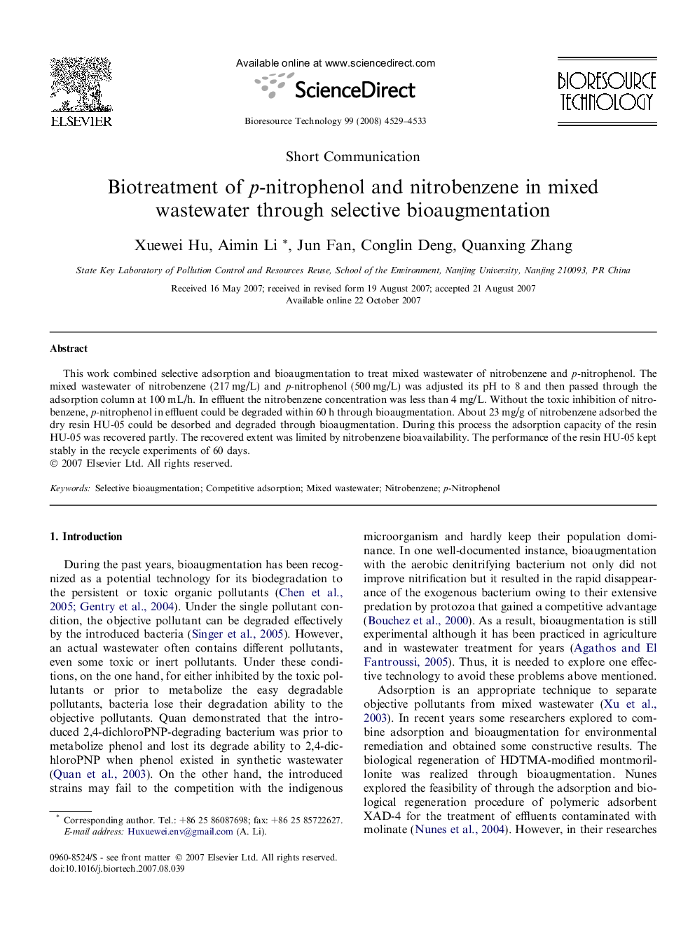 Biotreatment of p-nitrophenol and nitrobenzene in mixed wastewater through selective bioaugmentation