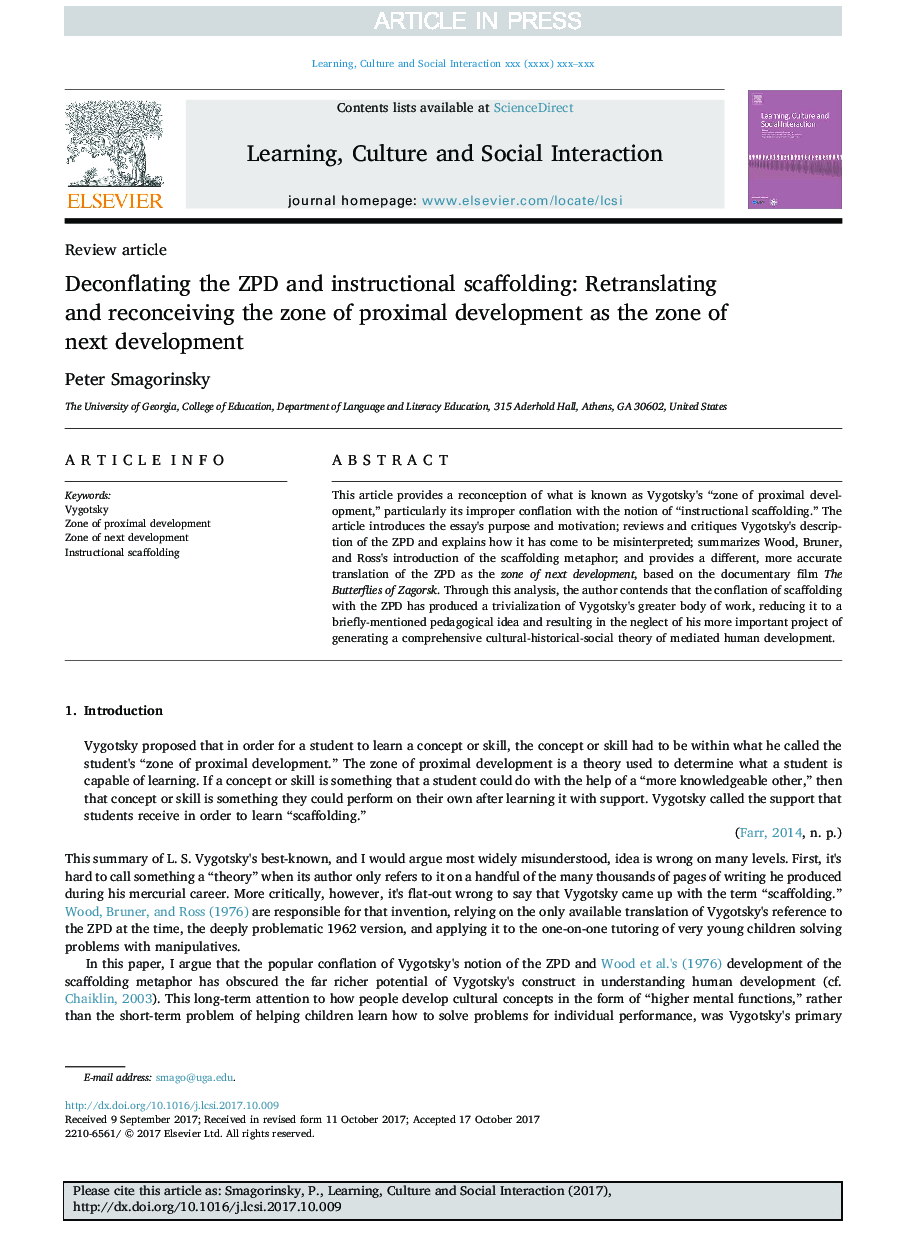Deconflating the ZPD and instructional scaffolding: Retranslating and reconceiving the zone of proximal development as the zone of next development