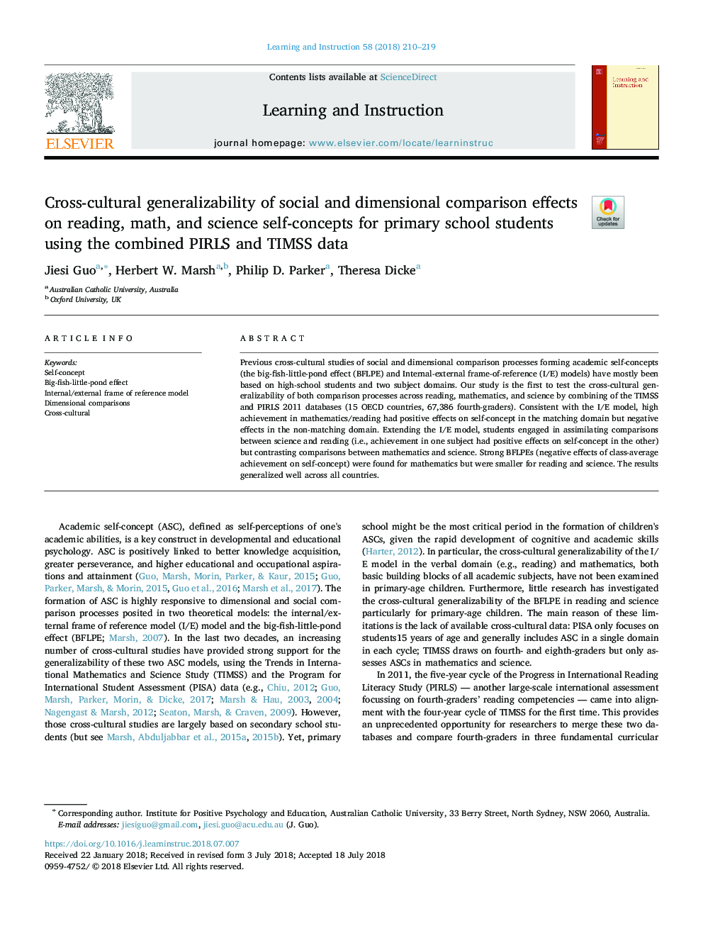 Cross-cultural generalizability of social and dimensional comparison effects on reading, math, and science self-concepts for primary school students using the combined PIRLS and TIMSS data