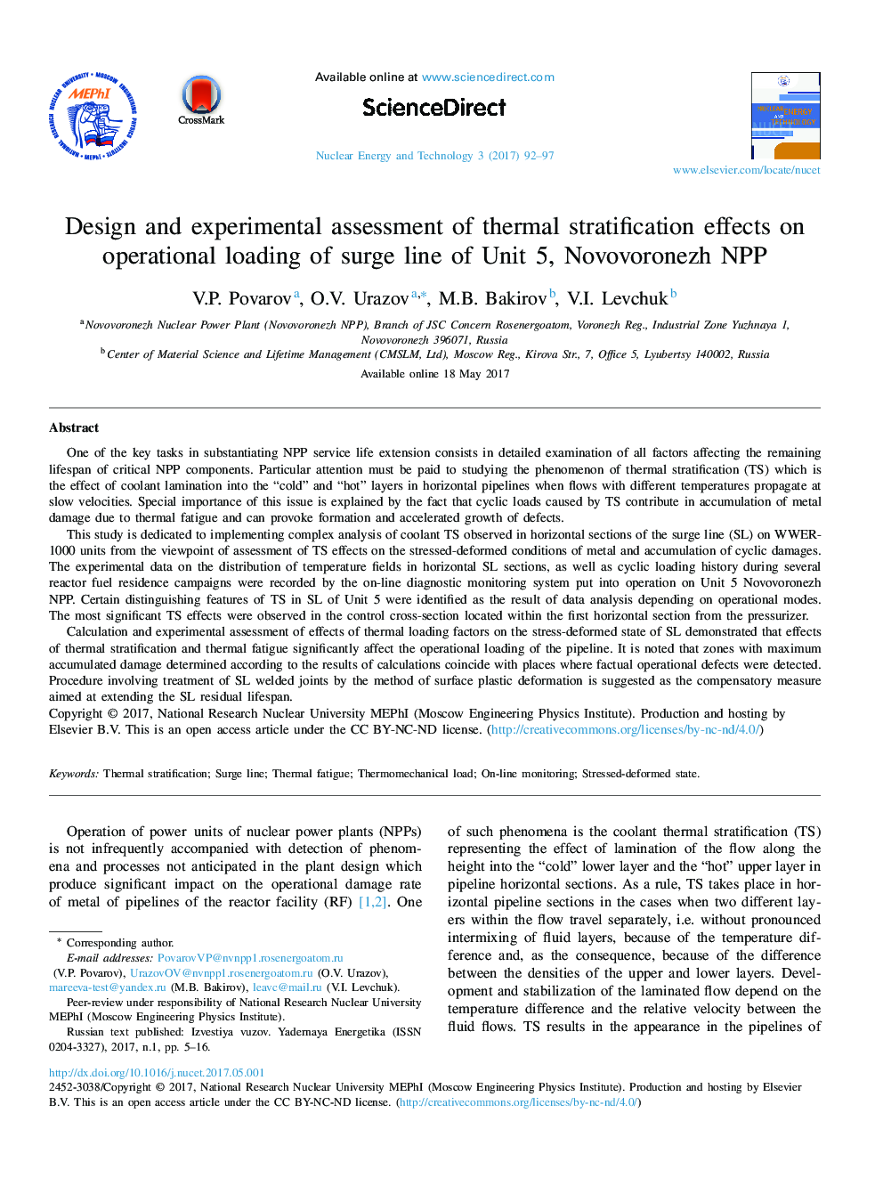 Design and experimental assessment of thermal stratification effects on operational loading of surge line of Unit 5, Novovoronezh NPP