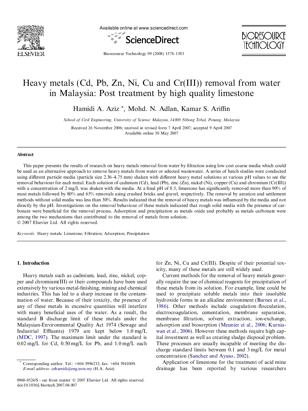 Heavy metals (Cd, Pb, Zn, Ni, Cu and Cr(III)) removal from water in Malaysia: Post treatment by high quality limestone