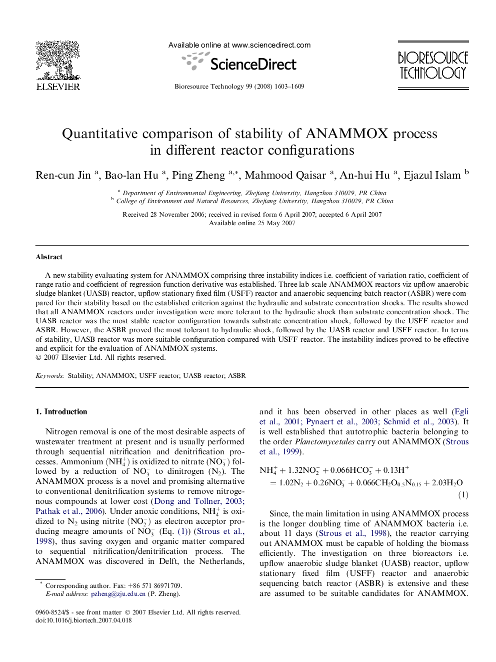 Quantitative comparison of stability of ANAMMOX process in different reactor configurations