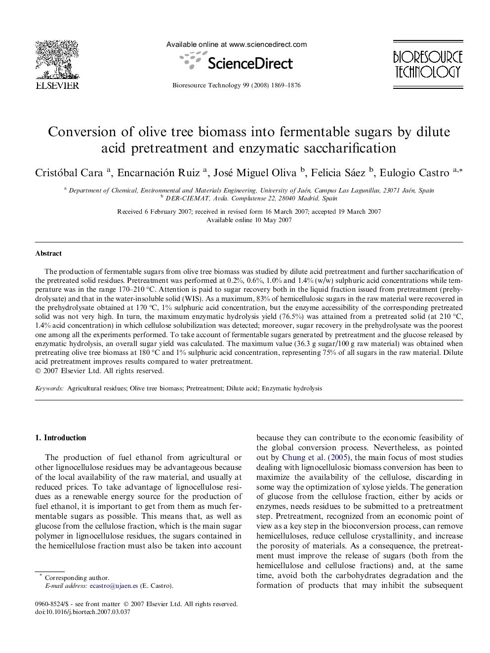 Conversion of olive tree biomass into fermentable sugars by dilute acid pretreatment and enzymatic saccharification