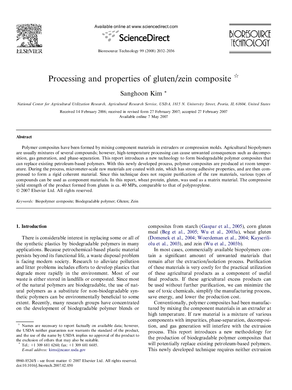 Processing and properties of gluten/zein composite 