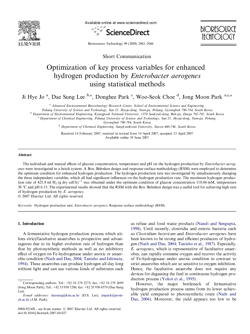 Optimization of key process variables for enhanced hydrogen production by Enterobacter aerogenes using statistical methods