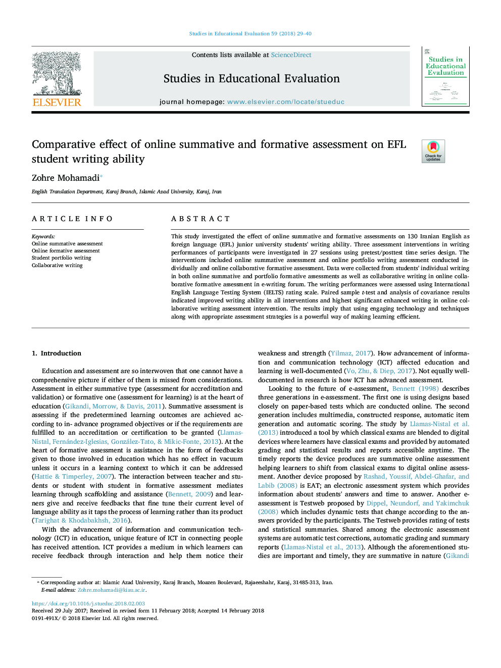 Comparative effect of online summative and formative assessment on EFL student writing ability
