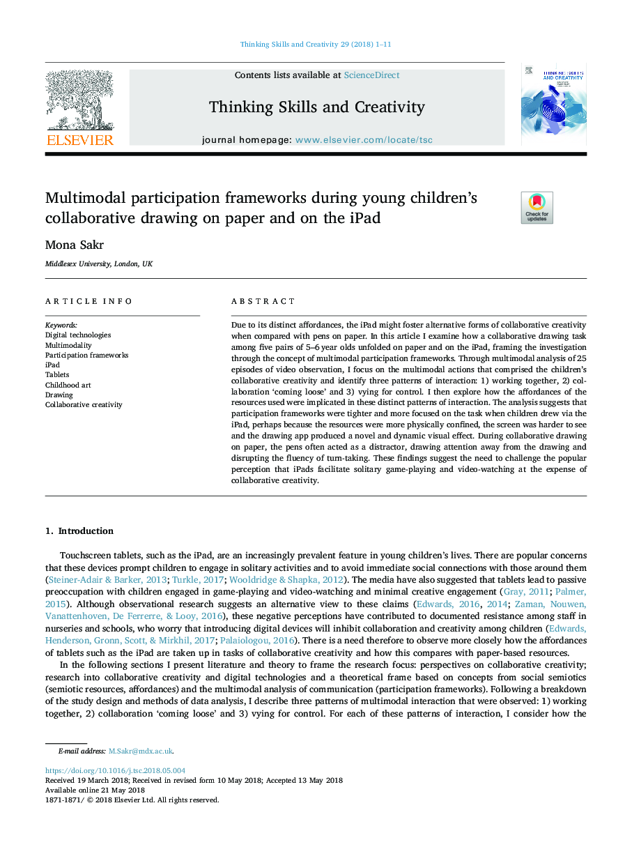 Multimodal participation frameworks during young children's collaborative drawing on paper and on the iPad